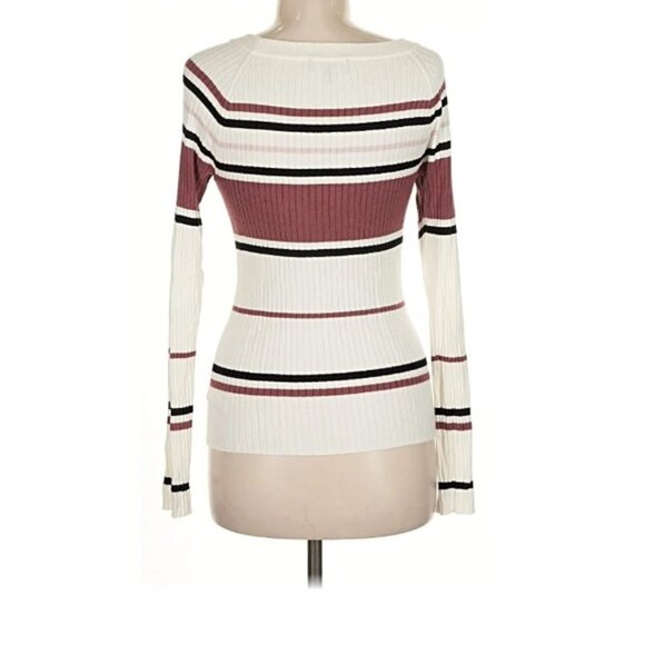 Women's Express long sleeve striped, white/black/mauve, pullover sweater. Medium - Picture 2 of 9